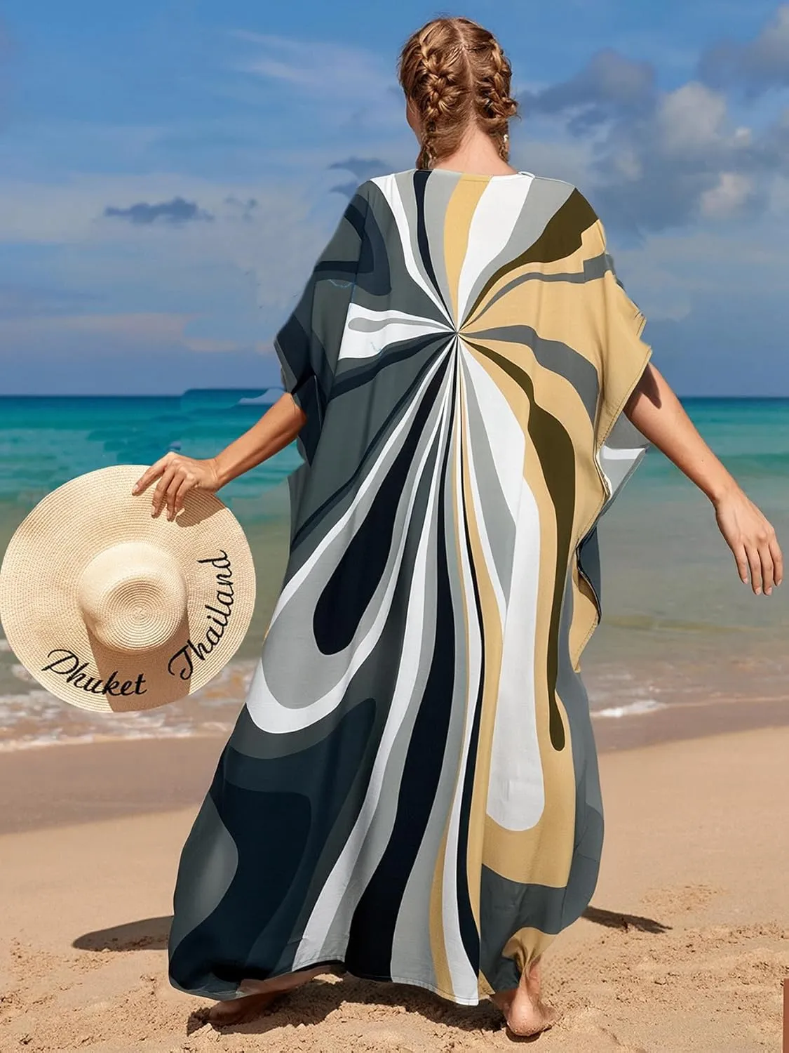 LOUSEA women's swimsuit cover up Batwing sleeve green beach long dress loose caftans for women bathing suit cover up dress
