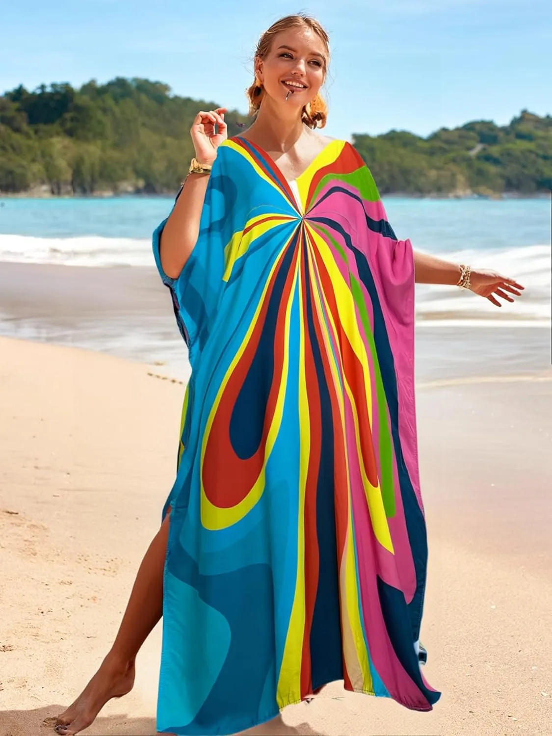 LOUSEA women's swimsuit cover up Batwing sleeve green beach long dress loose caftans for women bathing suit cover up dress
