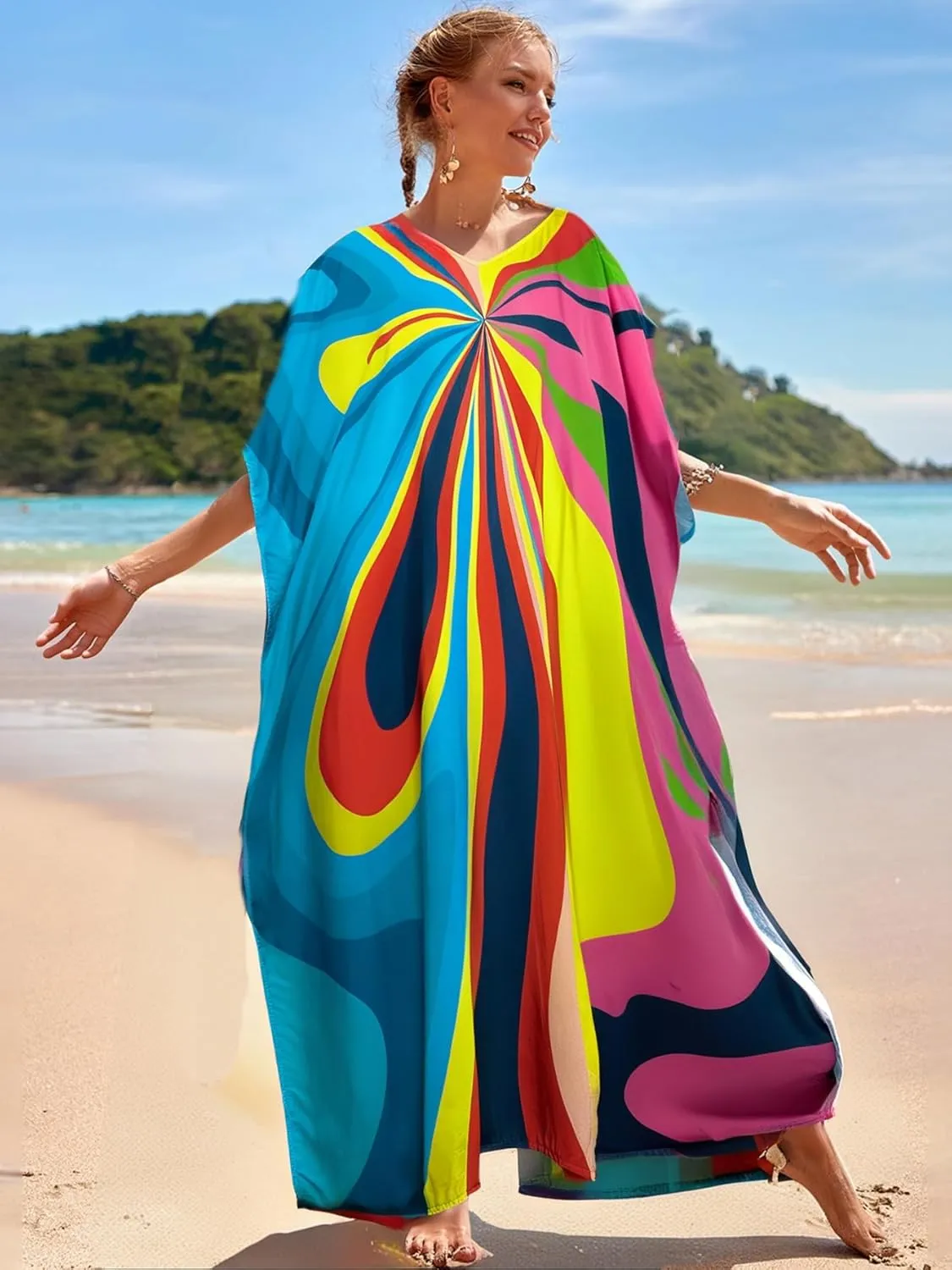 LOUSEA women's swimsuit cover up Batwing sleeve green beach long dress loose caftans for women bathing suit cover up dress