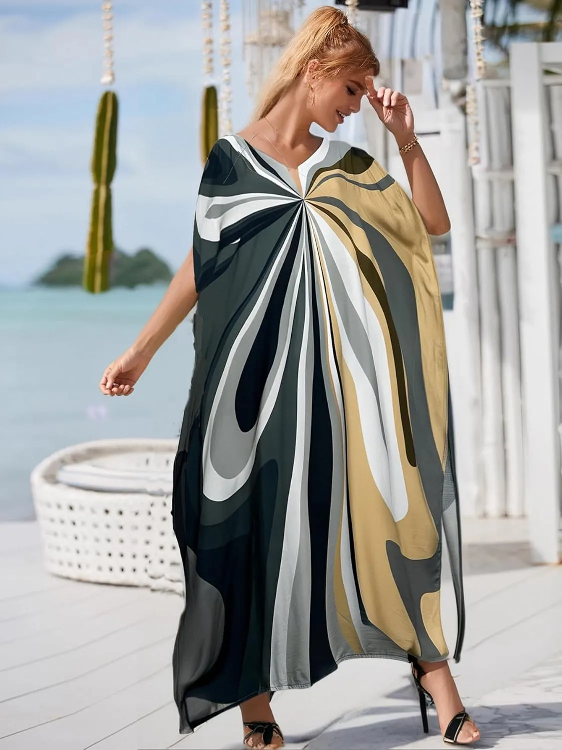 LOUSEA women's swimsuit cover up Batwing sleeve green beach long dress loose caftans for women bathing suit cover up dress