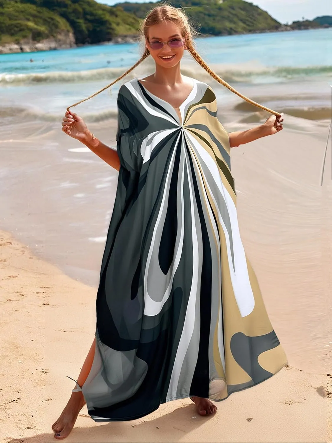 LOUSEA women's swimsuit cover up Batwing sleeve green beach long dress loose caftans for women bathing suit cover up dress
