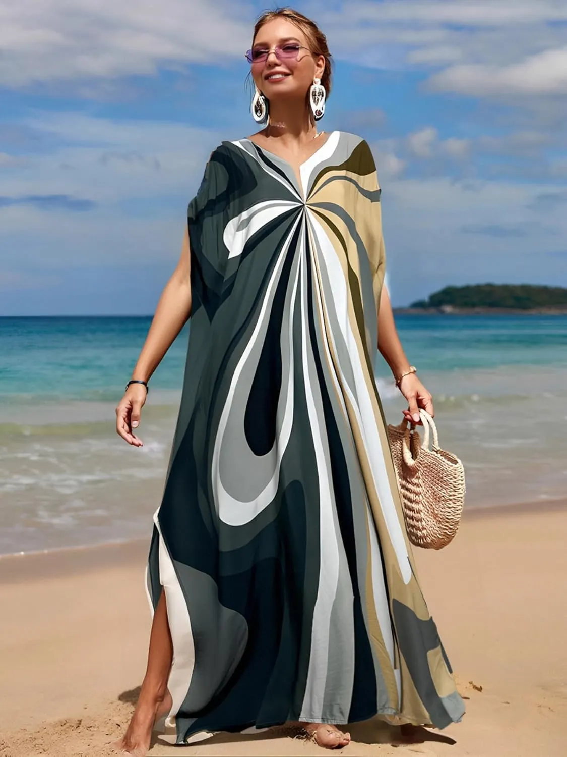 LOUSEA women's swimsuit cover up Batwing sleeve green beach long dress loose caftans for women bathing suit cover up dress