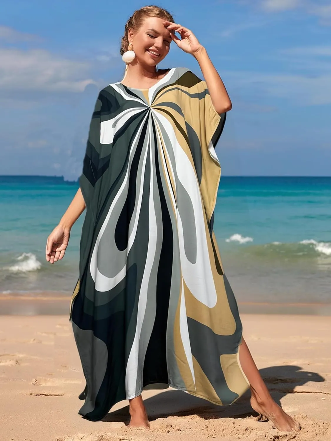 LOUSEA women's swimsuit cover up Batwing sleeve green beach long dress loose caftans for women bathing suit cover up dress