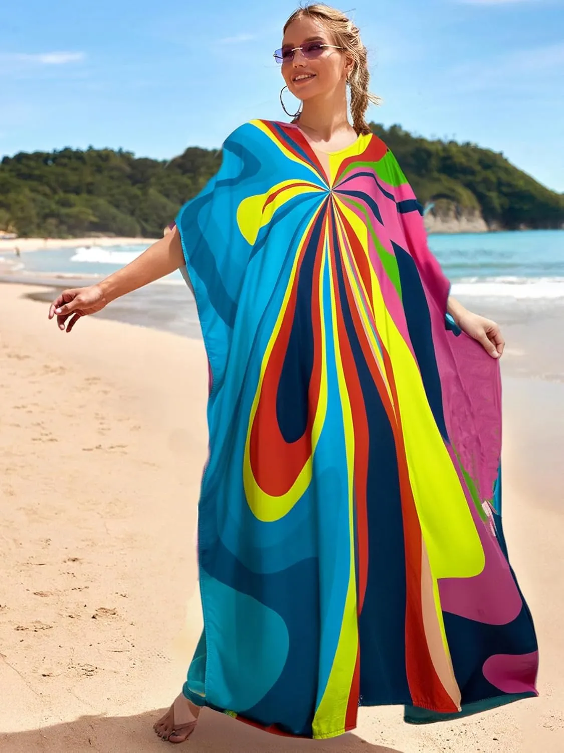 LOUSEA women's swimsuit cover up Batwing sleeve green beach long dress loose caftans for women bathing suit cover up dress
