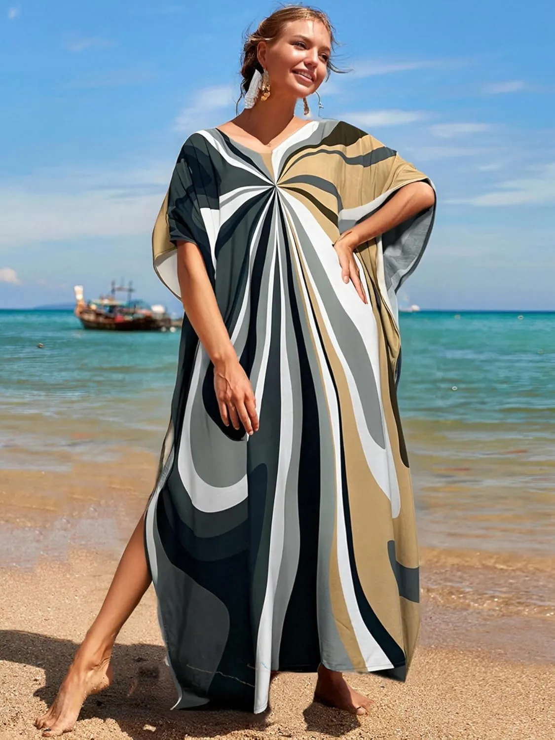 LOUSEA women's swimsuit cover up Batwing sleeve green beach long dress loose caftans for women bathing suit cover up dress
