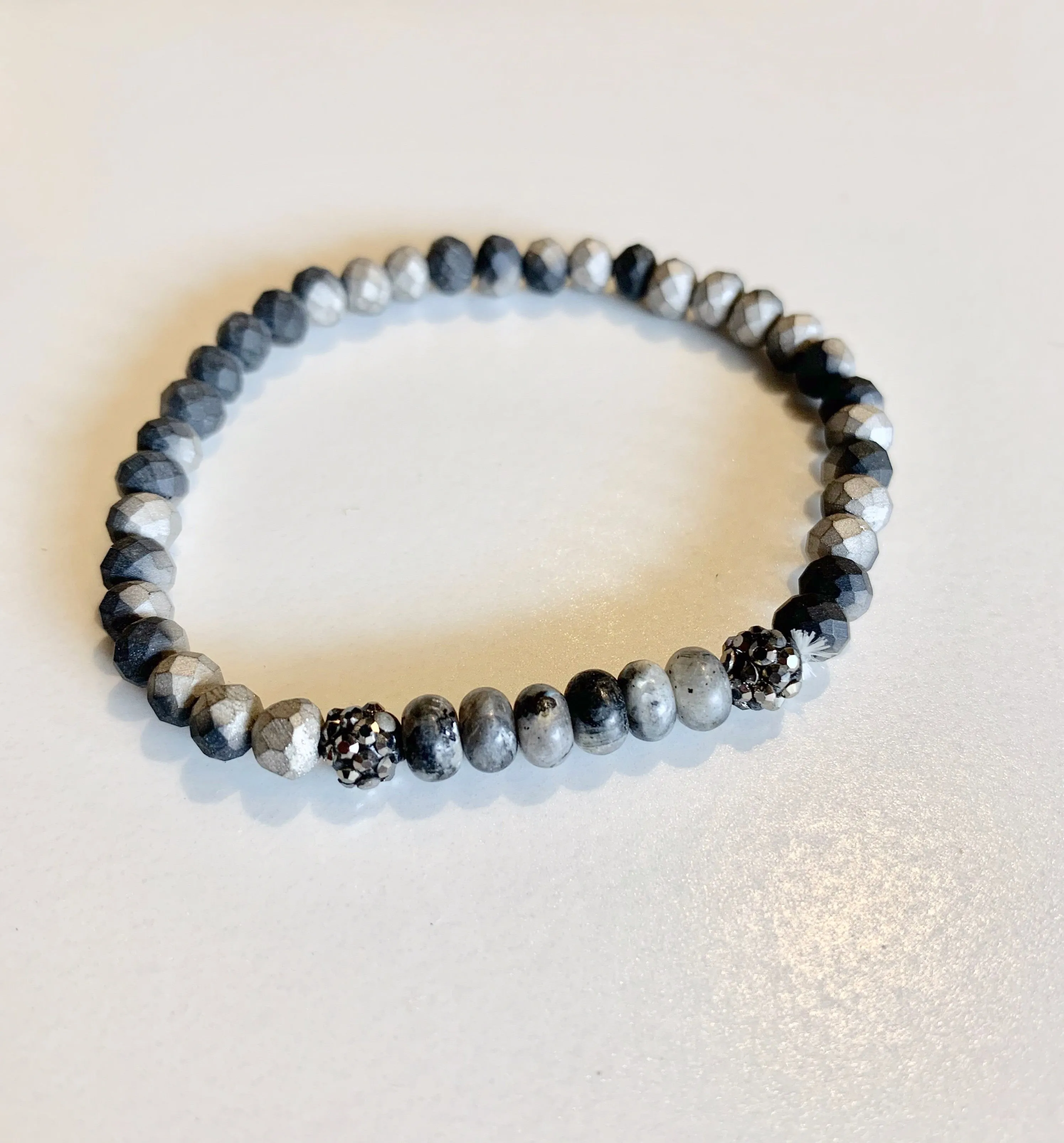 Matte Black and Gray/Silver Faceted Beads with Black Pave Crystal Beads Stretch Bracelet