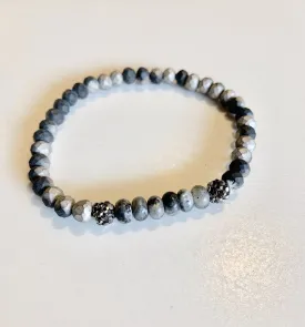 Matte Black and Gray/Silver Faceted Beads with Black Pave Crystal Beads Stretch Bracelet