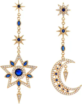 Moon Sun Star Earrings for Women Dainty Long 14K Gold Crescent Moon Star Asymmetrical Dangle Drop Planet Earrings Fashion Valentines Day Gift Jewellry