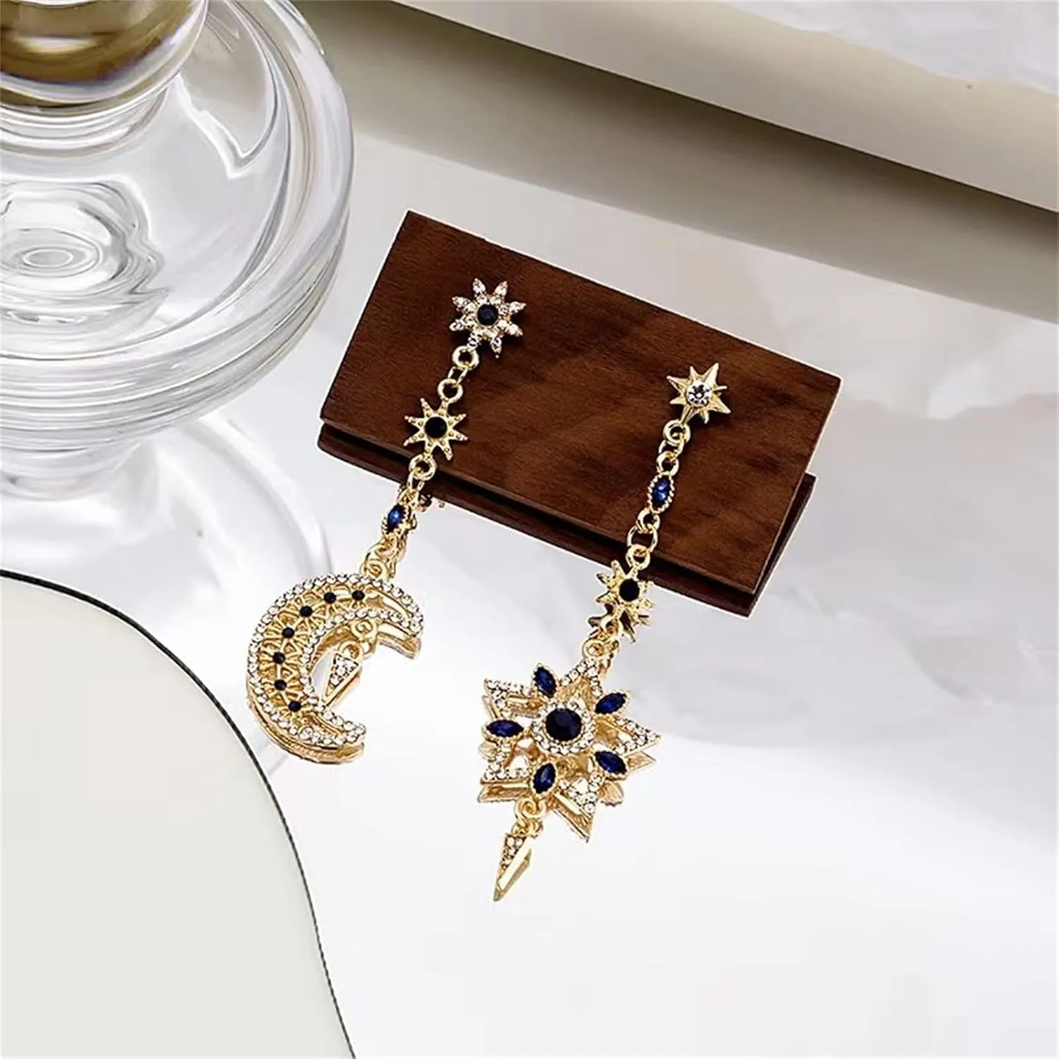 Moon Sun Star Earrings for Women Dainty Long 14K Gold Crescent Moon Star Asymmetrical Dangle Drop Planet Earrings Fashion Valentines Day Gift Jewellry