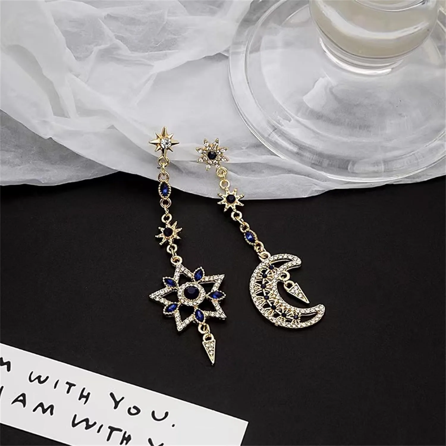 Moon Sun Star Earrings for Women Dainty Long 14K Gold Crescent Moon Star Asymmetrical Dangle Drop Planet Earrings Fashion Valentines Day Gift Jewellry
