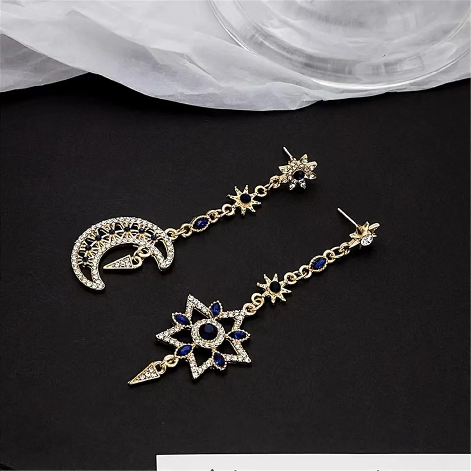 Moon Sun Star Earrings for Women Dainty Long 14K Gold Crescent Moon Star Asymmetrical Dangle Drop Planet Earrings Fashion Valentines Day Gift Jewellry