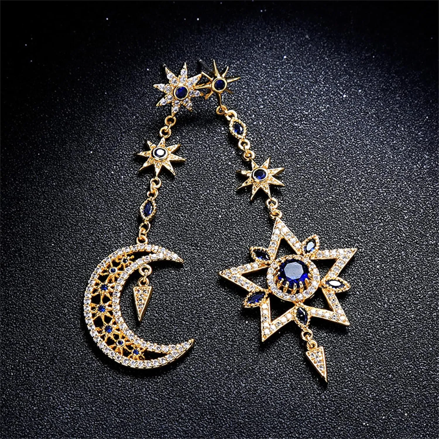 Moon Sun Star Earrings for Women Dainty Long 14K Gold Crescent Moon Star Asymmetrical Dangle Drop Planet Earrings Fashion Valentines Day Gift Jewellry