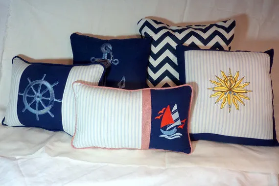 Nautical Pillows Set of 2 Navy blue and white Embroidered pillows