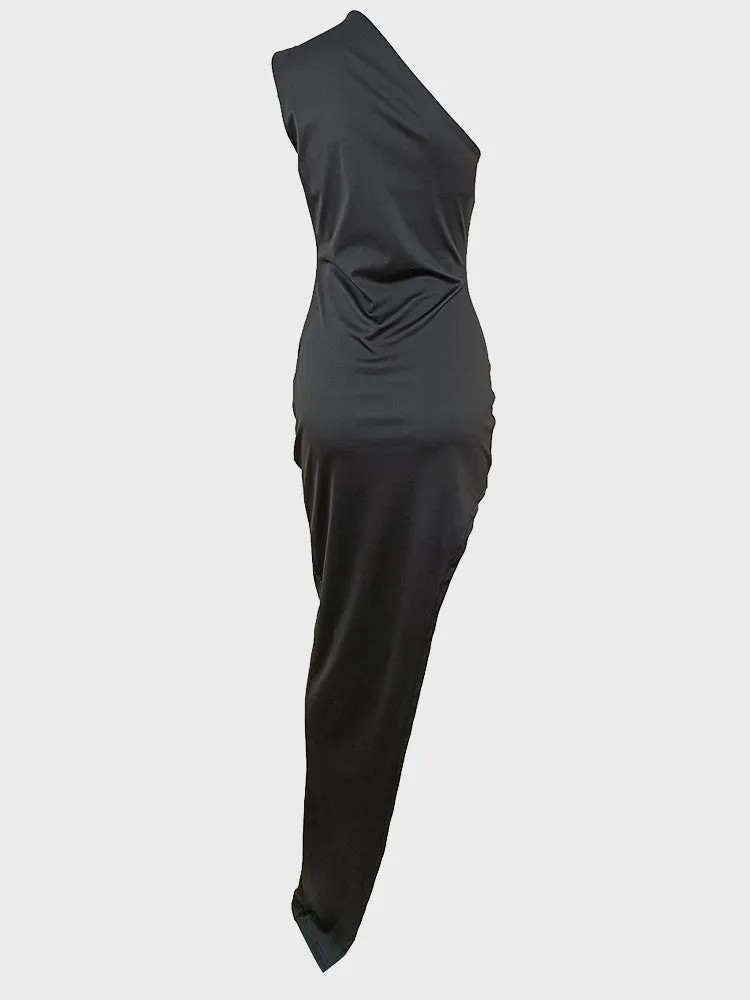 Oblique Shoulder Slit Long Dress