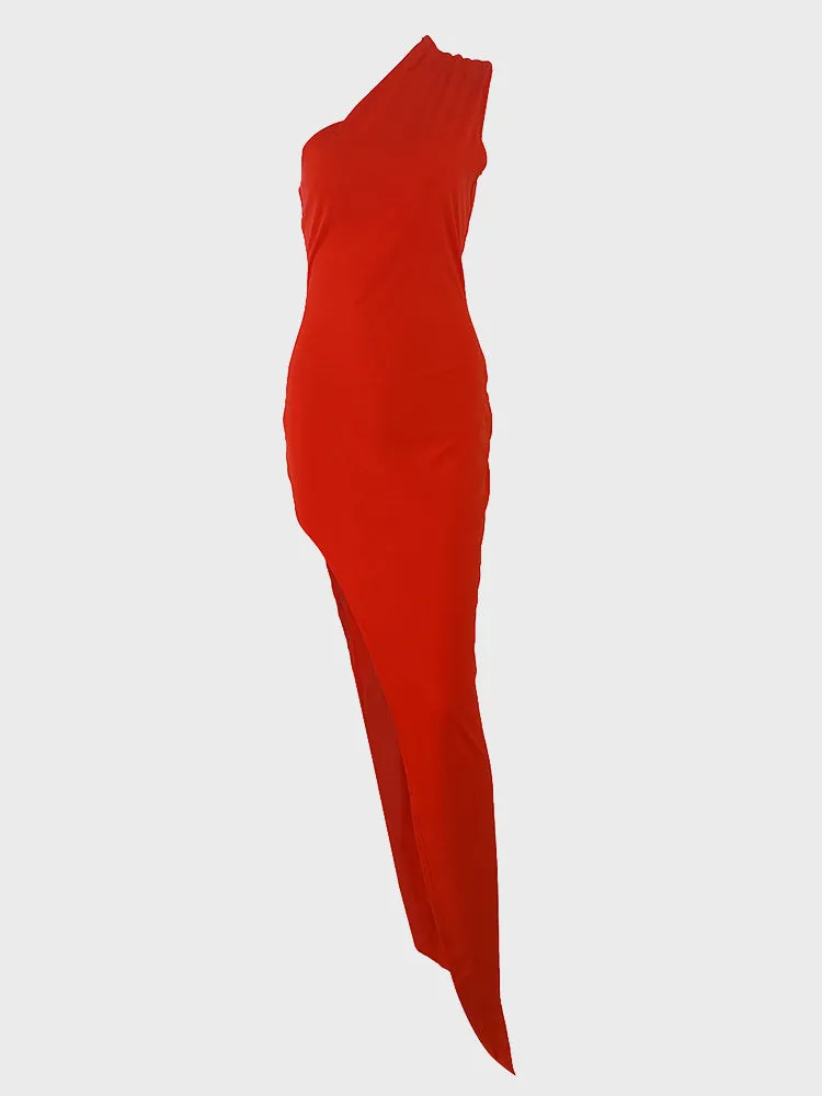 Oblique Shoulder Slit Long Dress