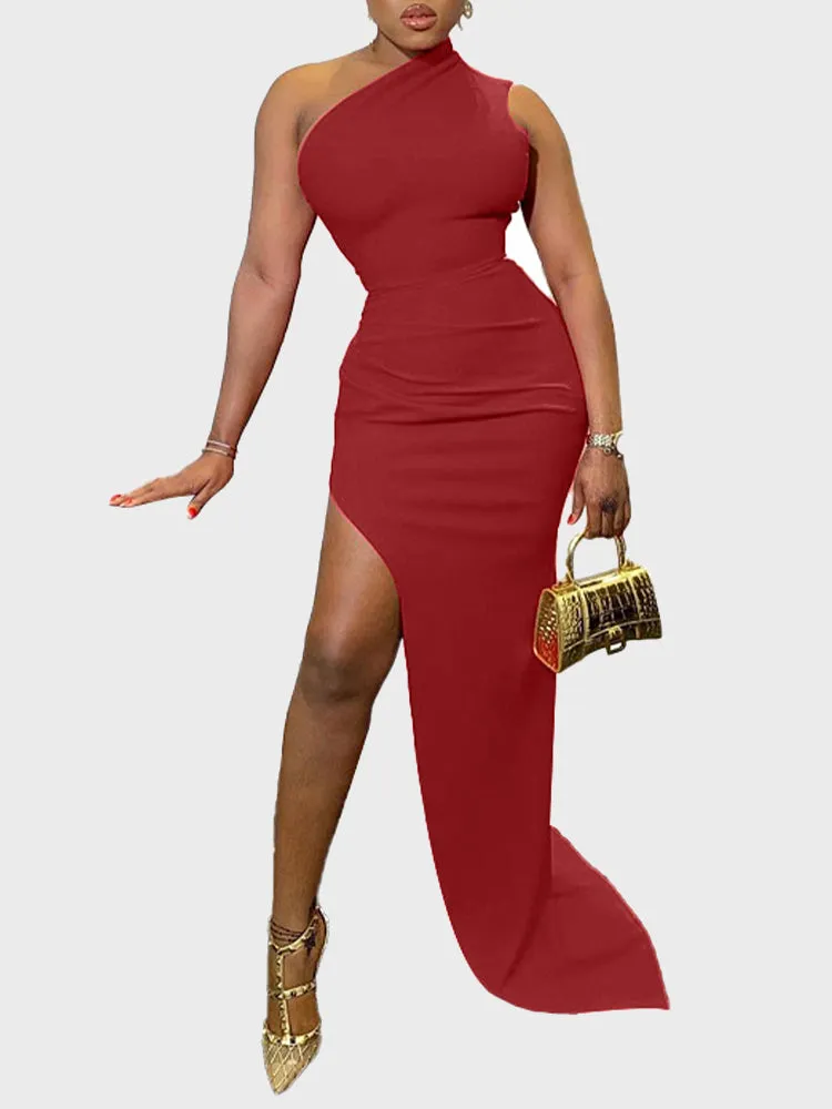 Oblique Shoulder Slit Long Dress