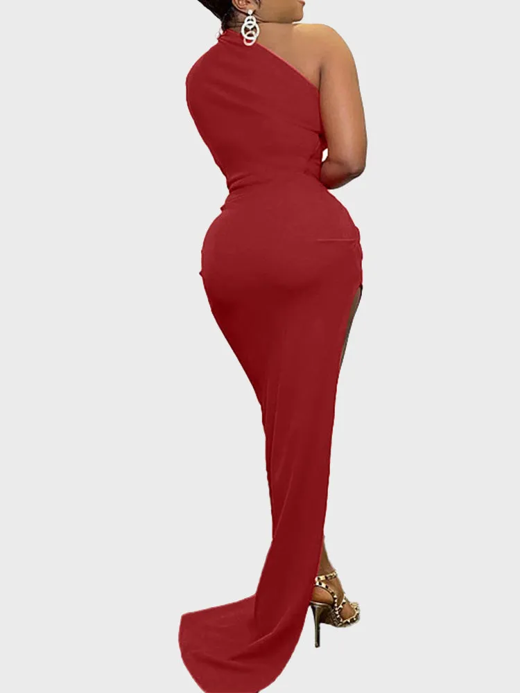 Oblique Shoulder Slit Long Dress
