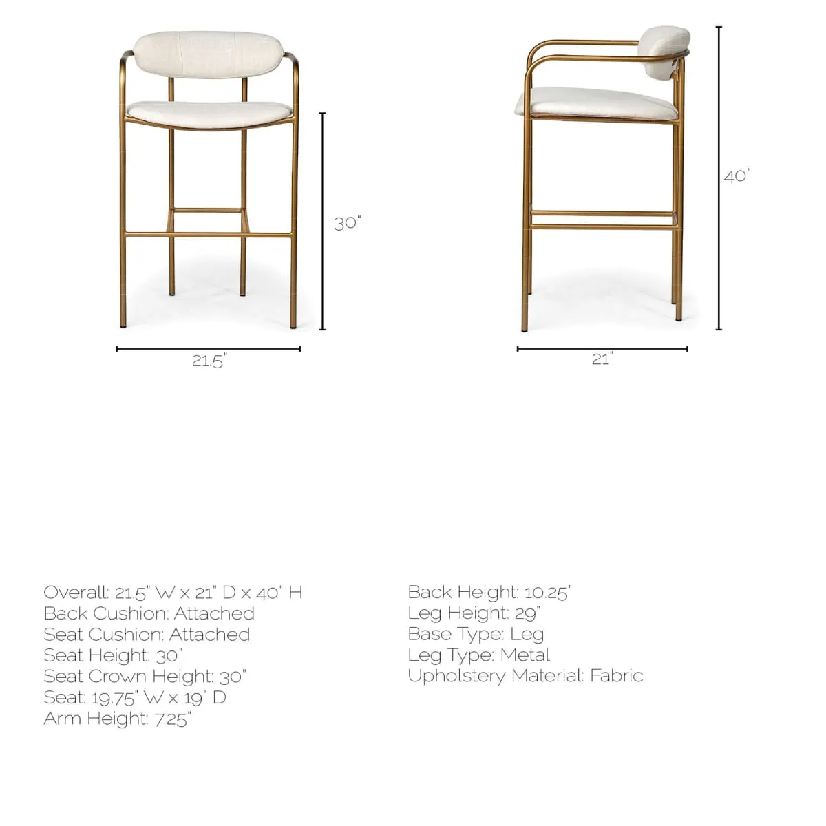 Parker Bar Counter Stool Cream Fabric | Gold Metal | Bar