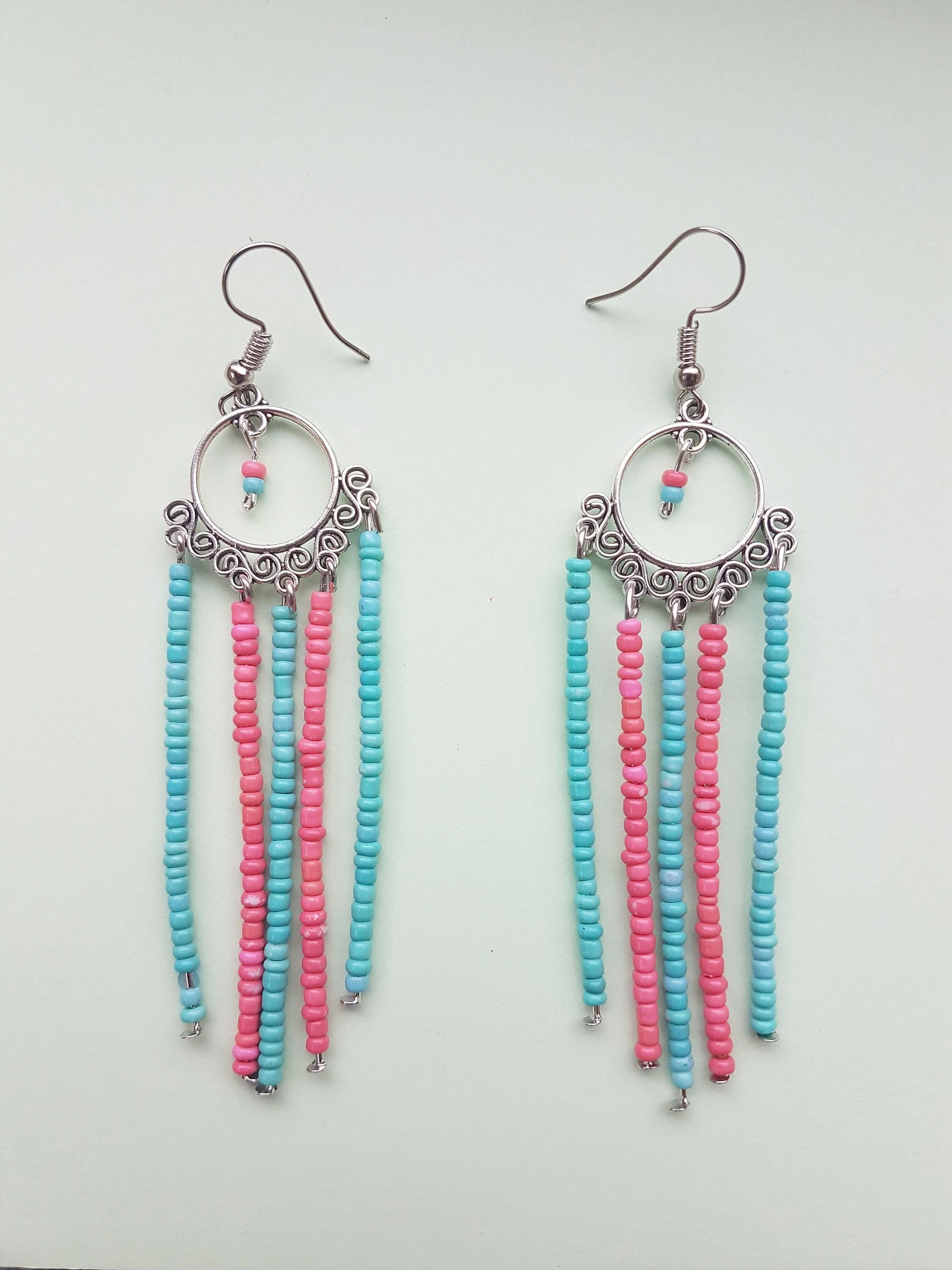 Pink Blue Seed Bead Dangle Earrings
