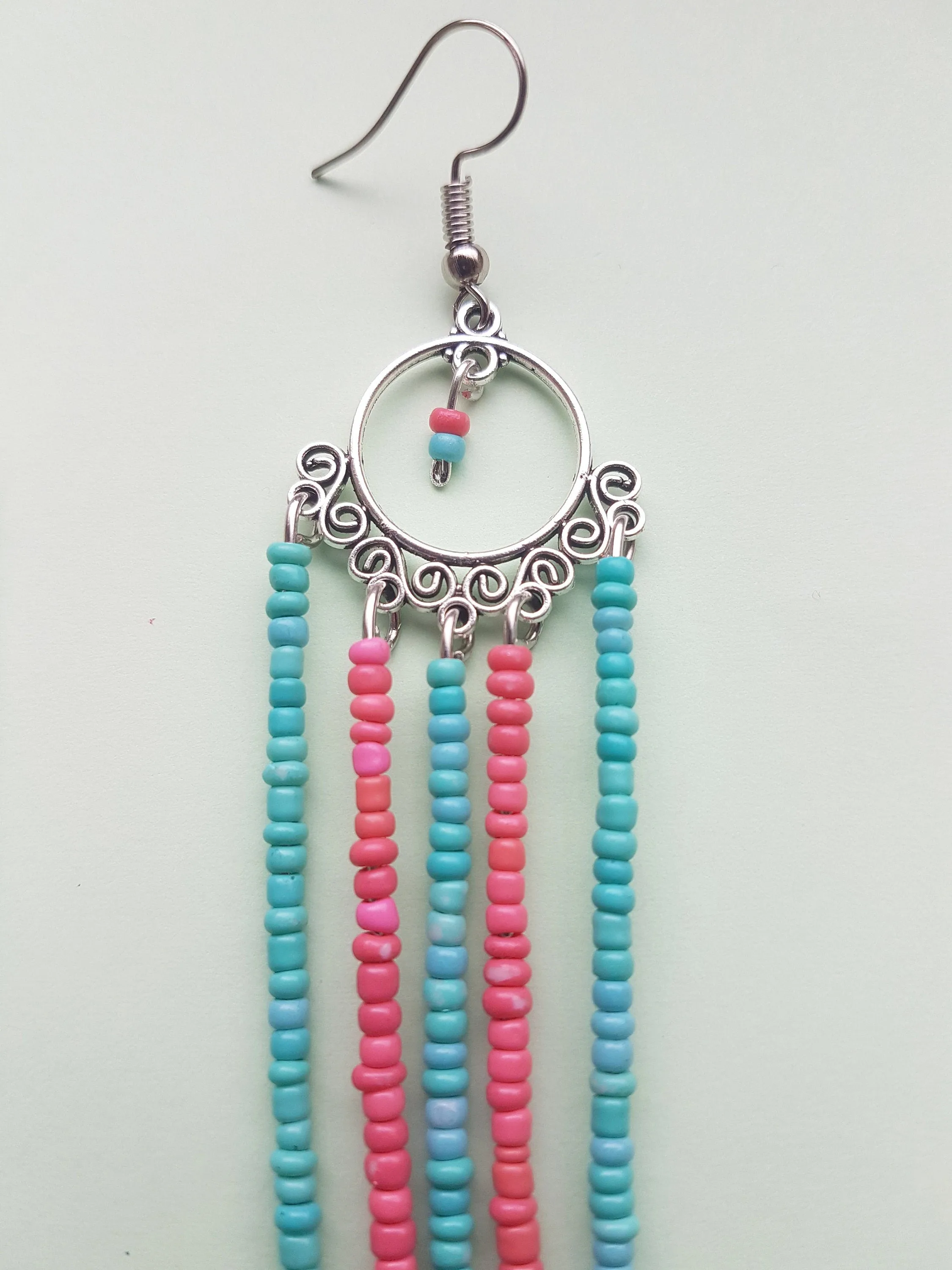 Pink Blue Seed Bead Dangle Earrings