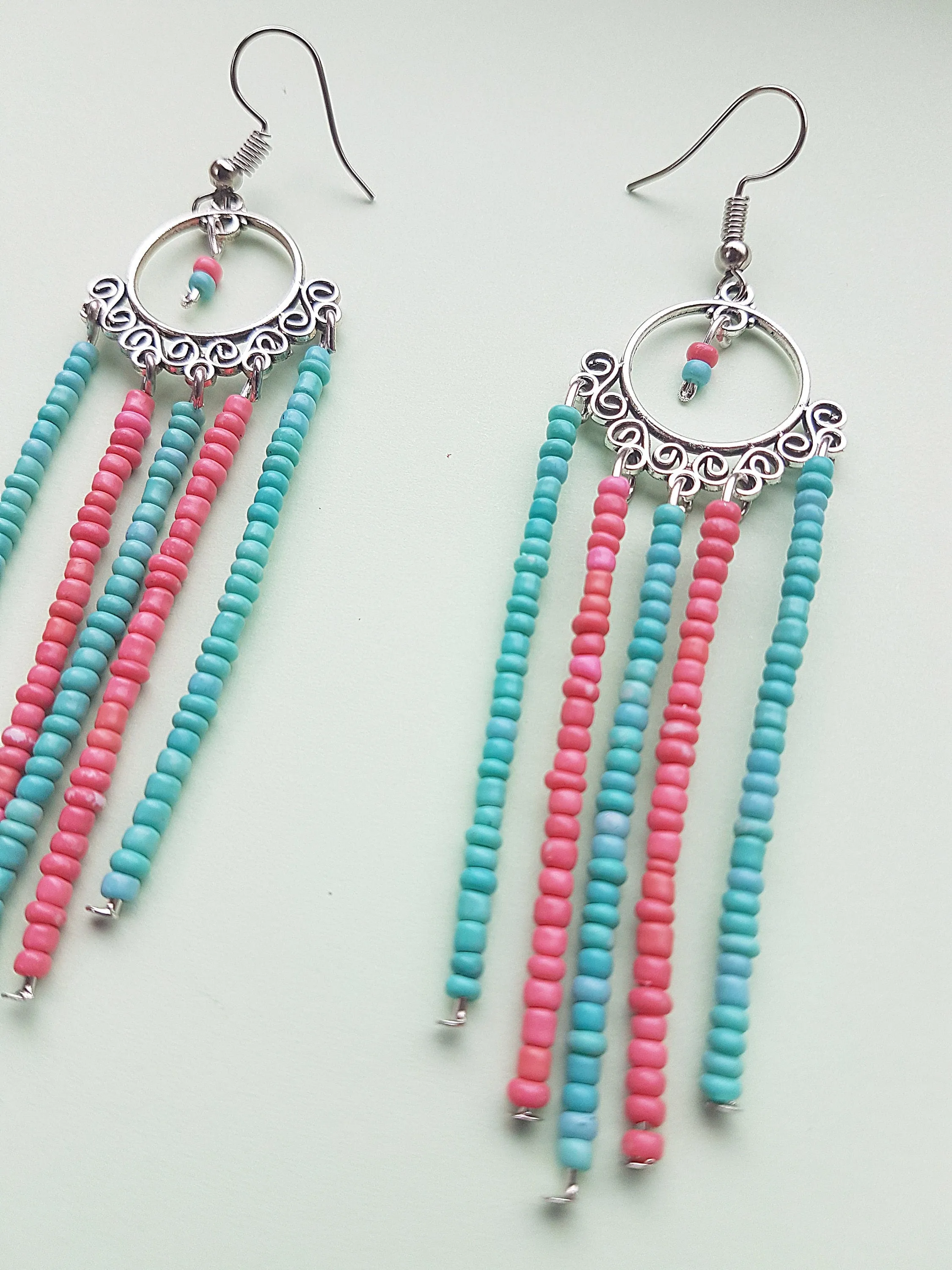 Pink Blue Seed Bead Dangle Earrings