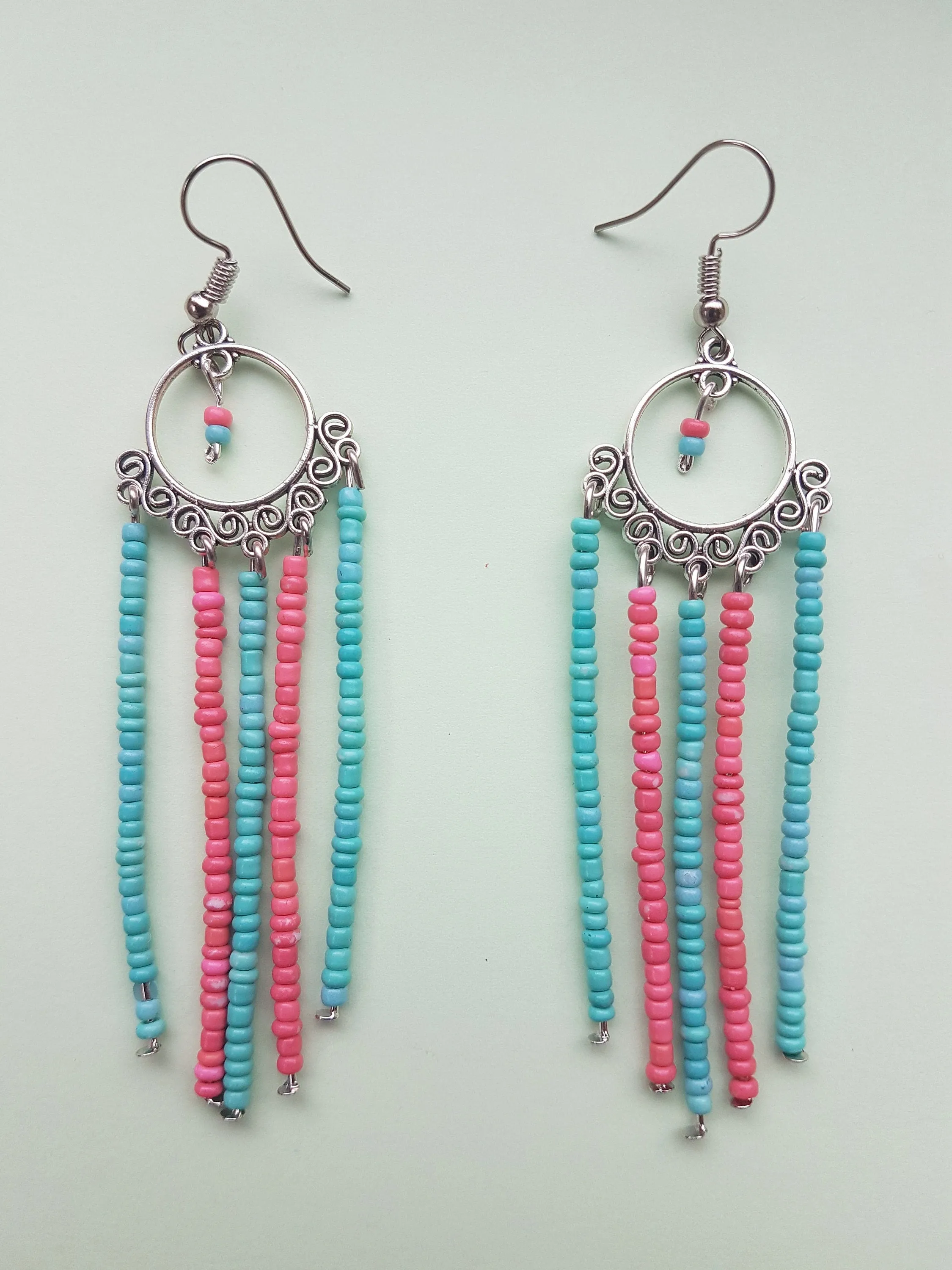 Pink Blue Seed Bead Dangle Earrings