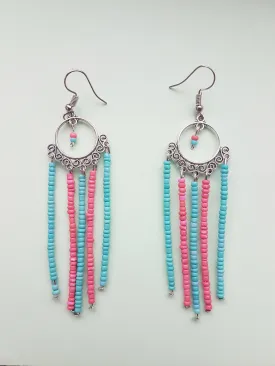 Pink Blue Seed Bead Dangle Earrings