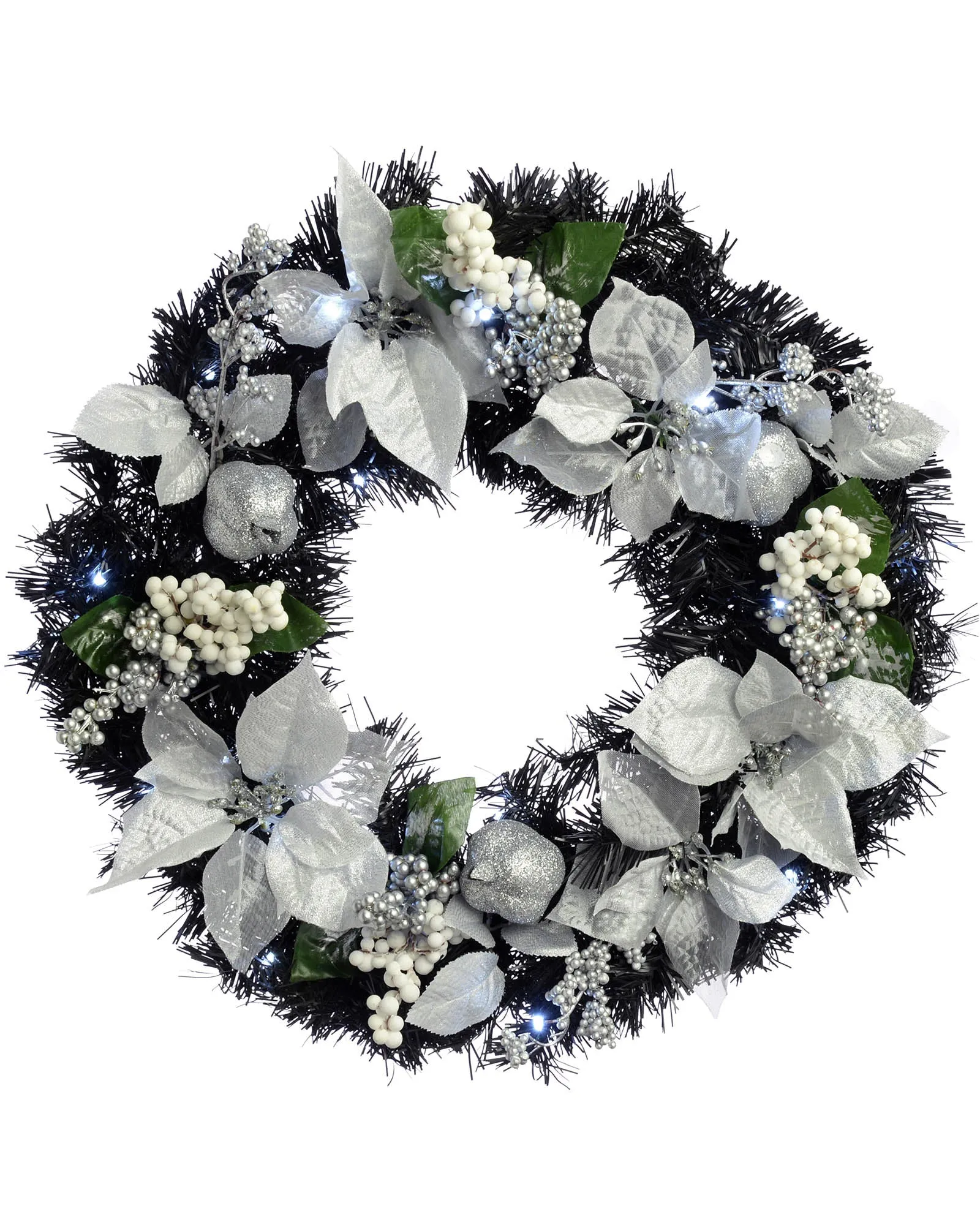 Pre-Lit Decorated Wreath, Black/Silver, 60 cm