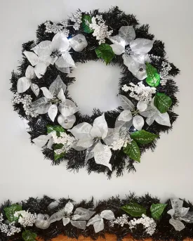 Pre-Lit Decorated Wreath, Black/Silver, 60 cm