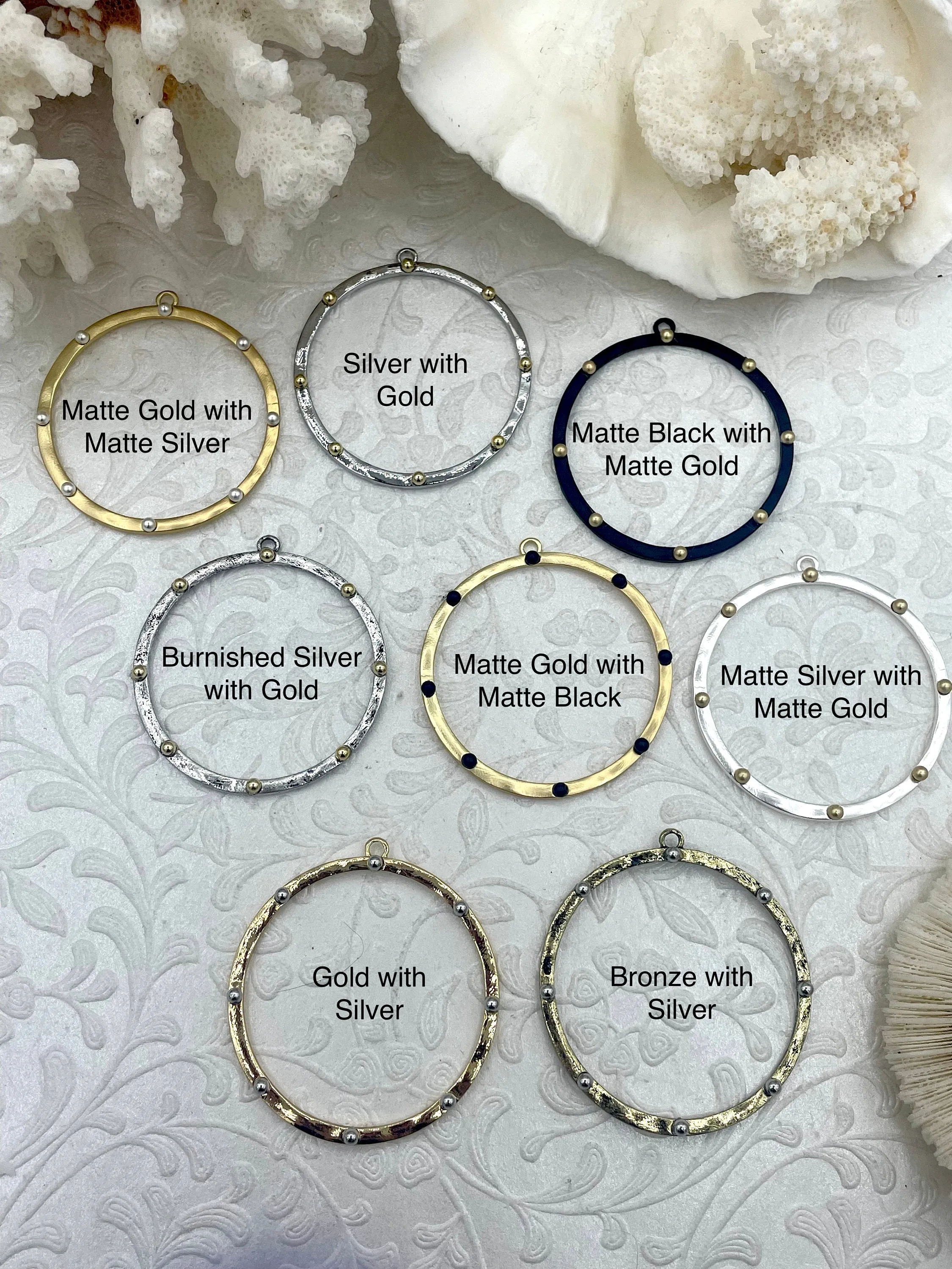 Round Hoop Ring Circle Pendant with Dots, Pendant or Earrings Artisan Ring, Hoop Charm, Closed Ring with Bale, 43mm, 8 Styles Fast Shipping