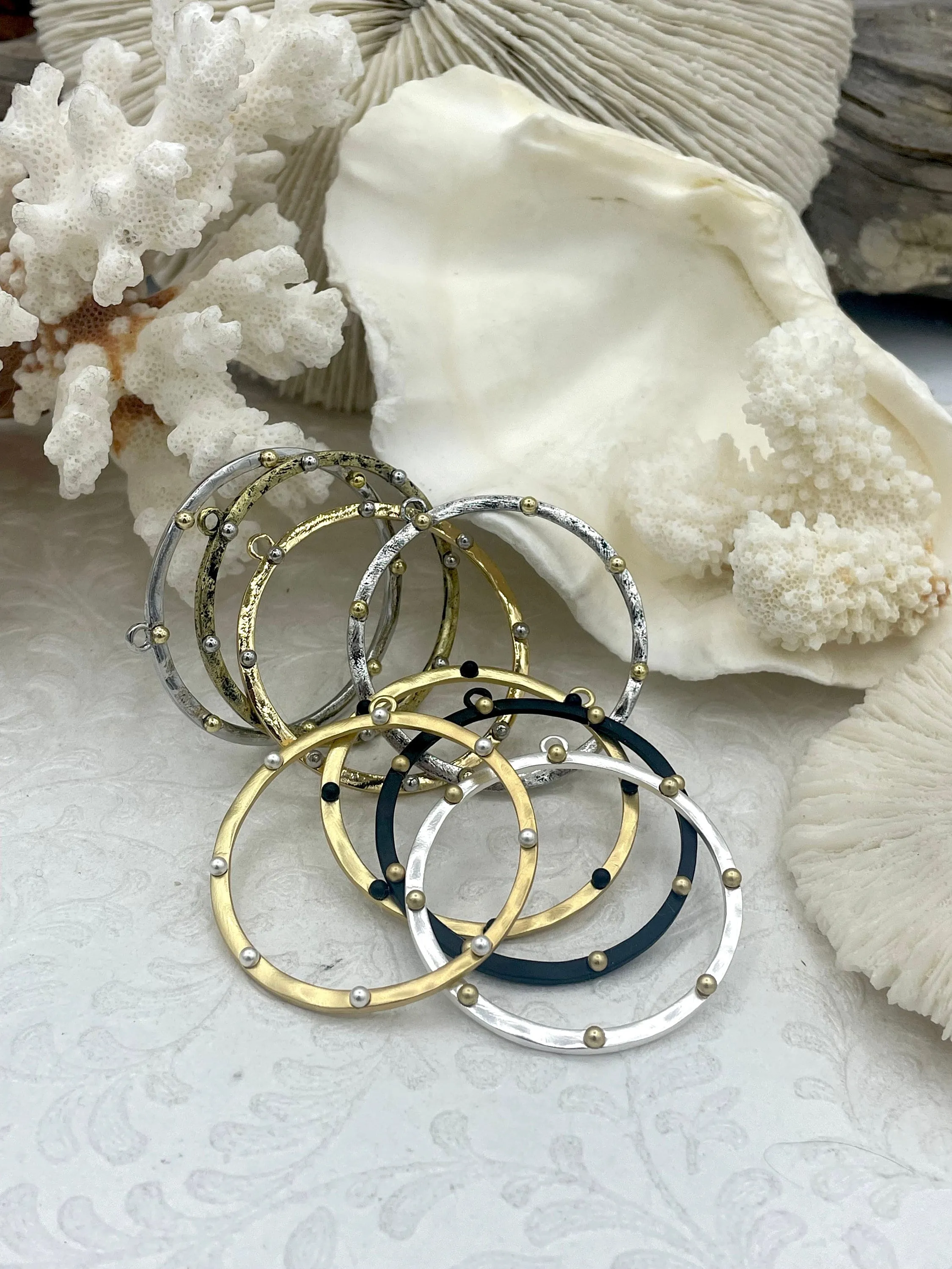Round Hoop Ring Circle Pendant with Dots, Pendant or Earrings Artisan Ring, Hoop Charm, Closed Ring with Bale, 43mm, 8 Styles Fast Shipping