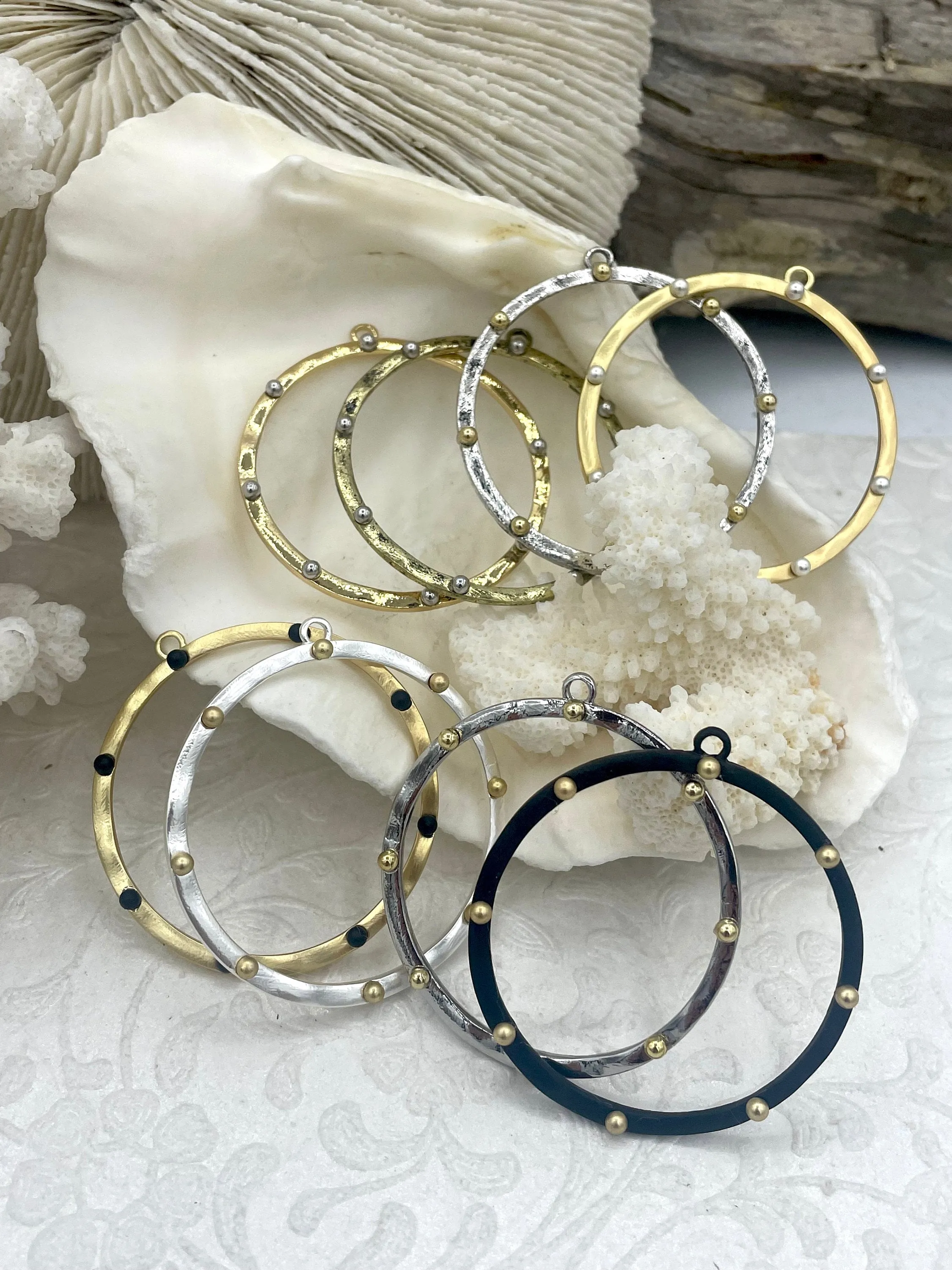 Round Hoop Ring Circle Pendant with Dots, Pendant or Earrings Artisan Ring, Hoop Charm, Closed Ring with Bale, 43mm, 8 Styles Fast Shipping