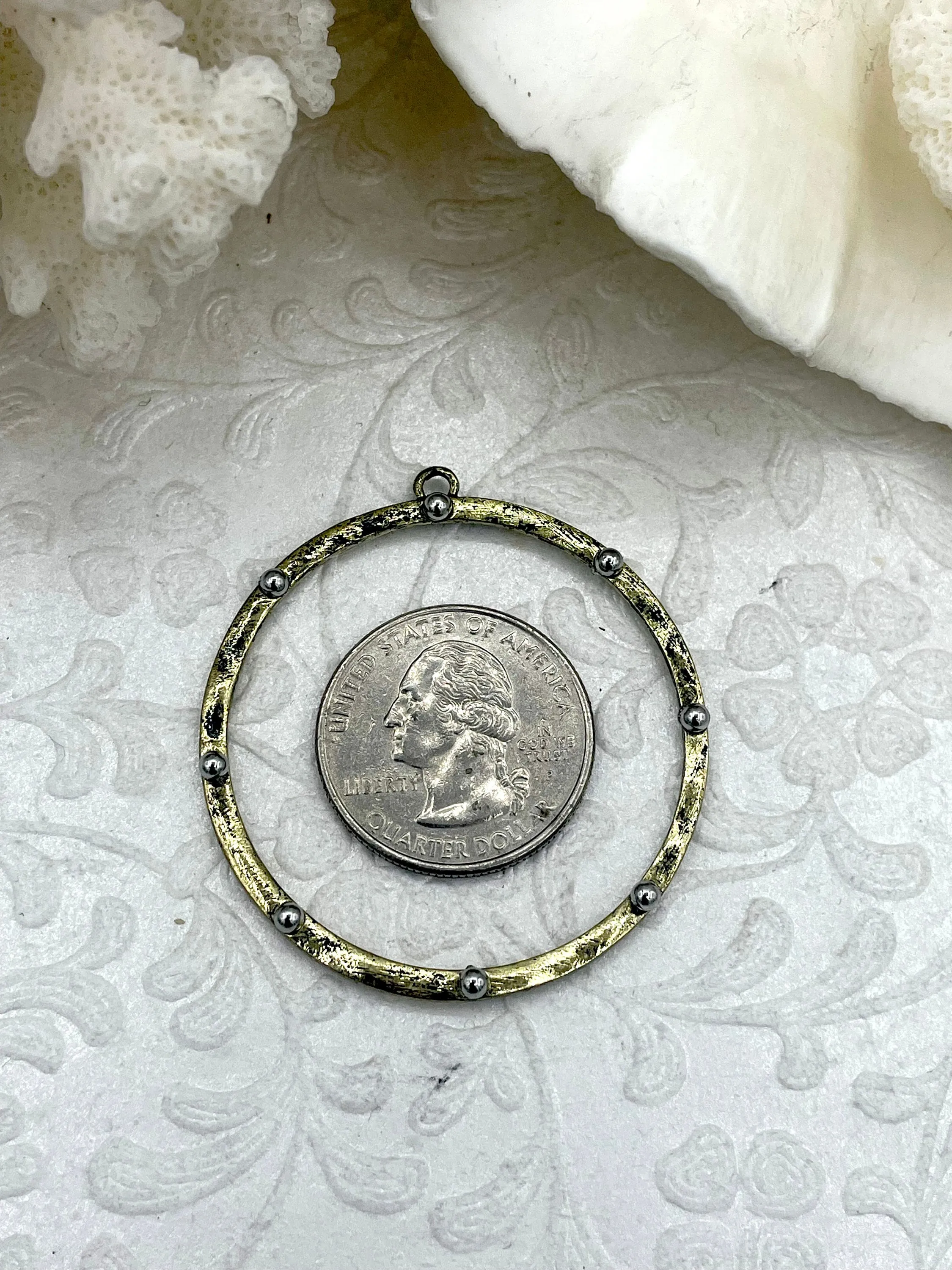 Round Hoop Ring Circle Pendant with Dots, Pendant or Earrings Artisan Ring, Hoop Charm, Closed Ring with Bale, 43mm, 8 Styles Fast Shipping
