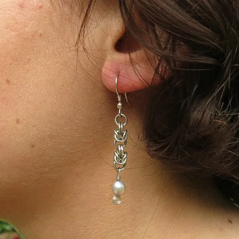 Silver-Plated Byzantine Weave and Freshwater Pearl Earrings