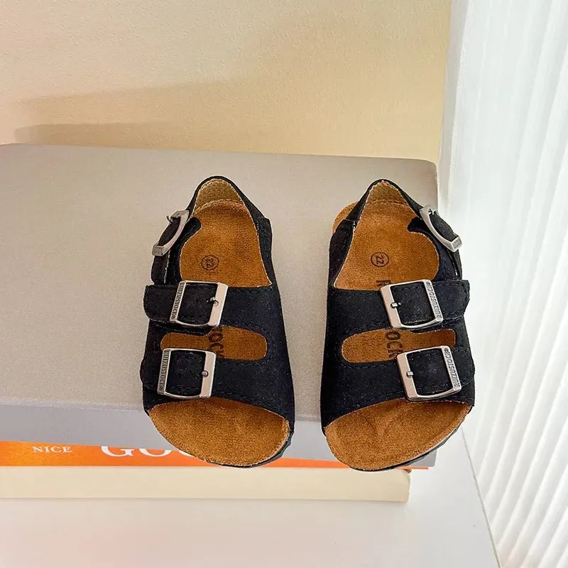 Suede Double Strap Kids Cork Sandals