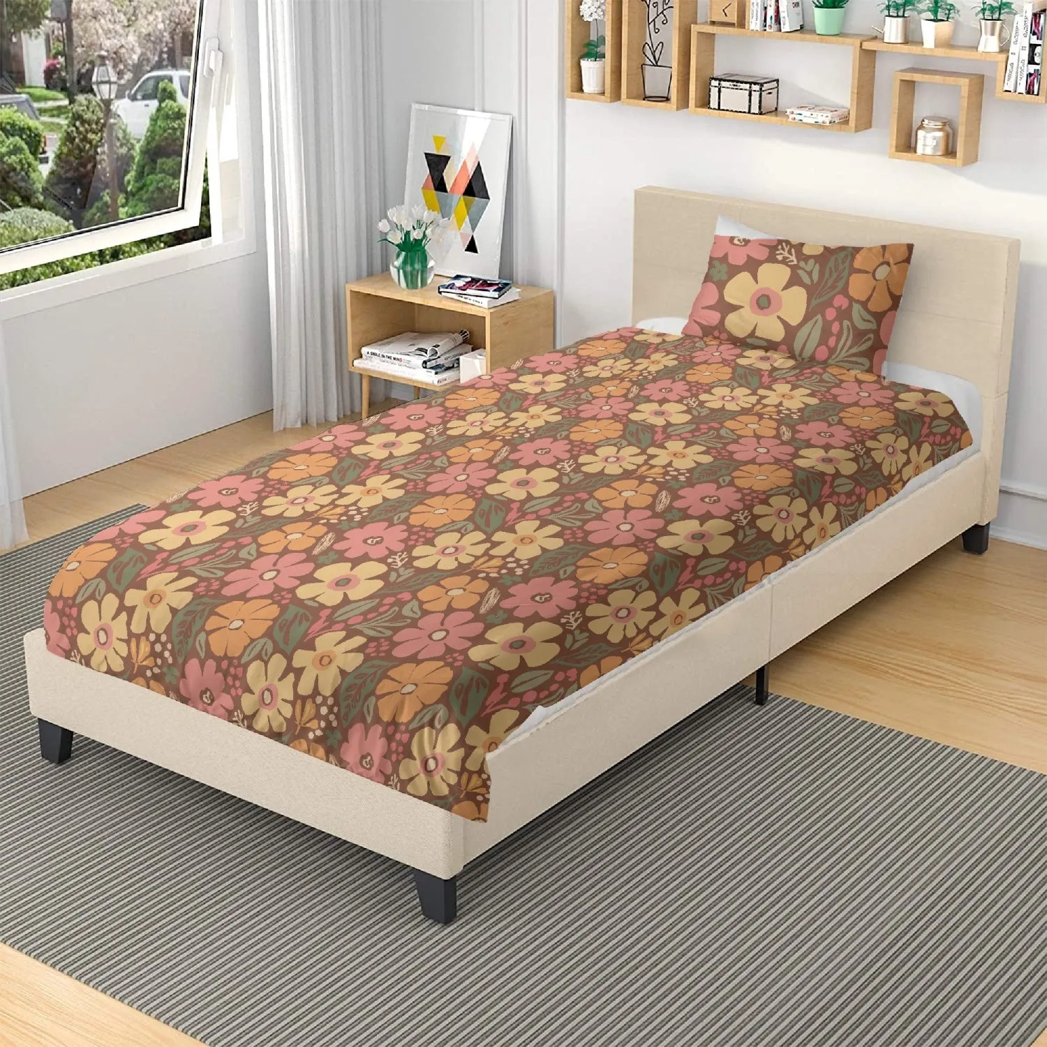 Vampire Art 3-Piece Retro Polyester Bedding Set - Sixties Boho Florals
