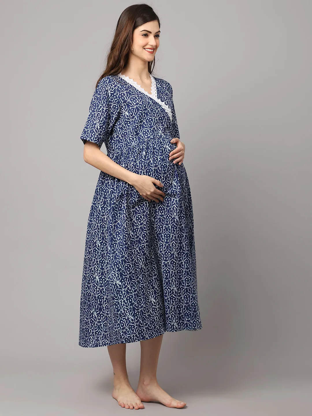 Women's Cotton Lace Printed Pre and Post Maternity Dress with Feeding